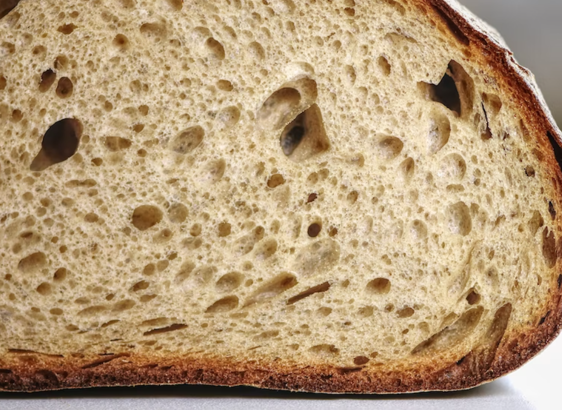 A closeup of sliced artisanal bread.